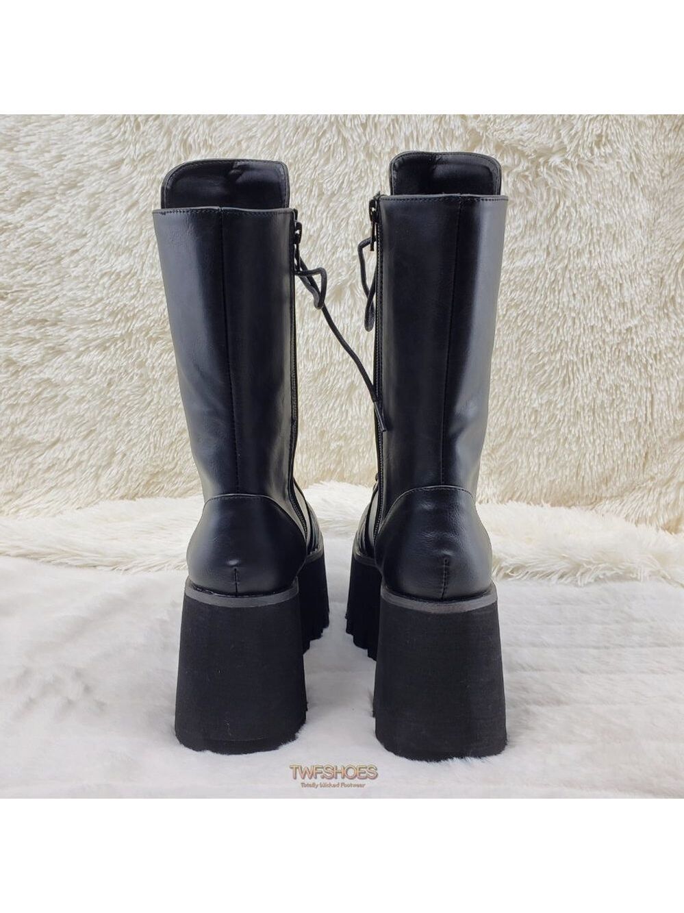 Ashes Black Matte Platform Goth Punk Mid Calf Combat Boots - Picture 8 of 14